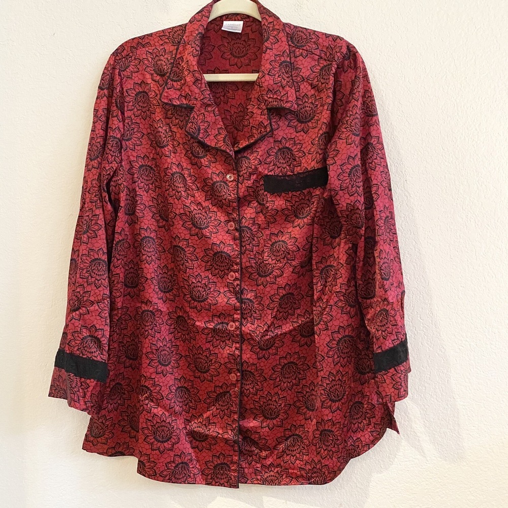 Cabernet Woman Red‎ Black Long Sleeve Sleepwear Silky Floral Pajama Sleep Shirt